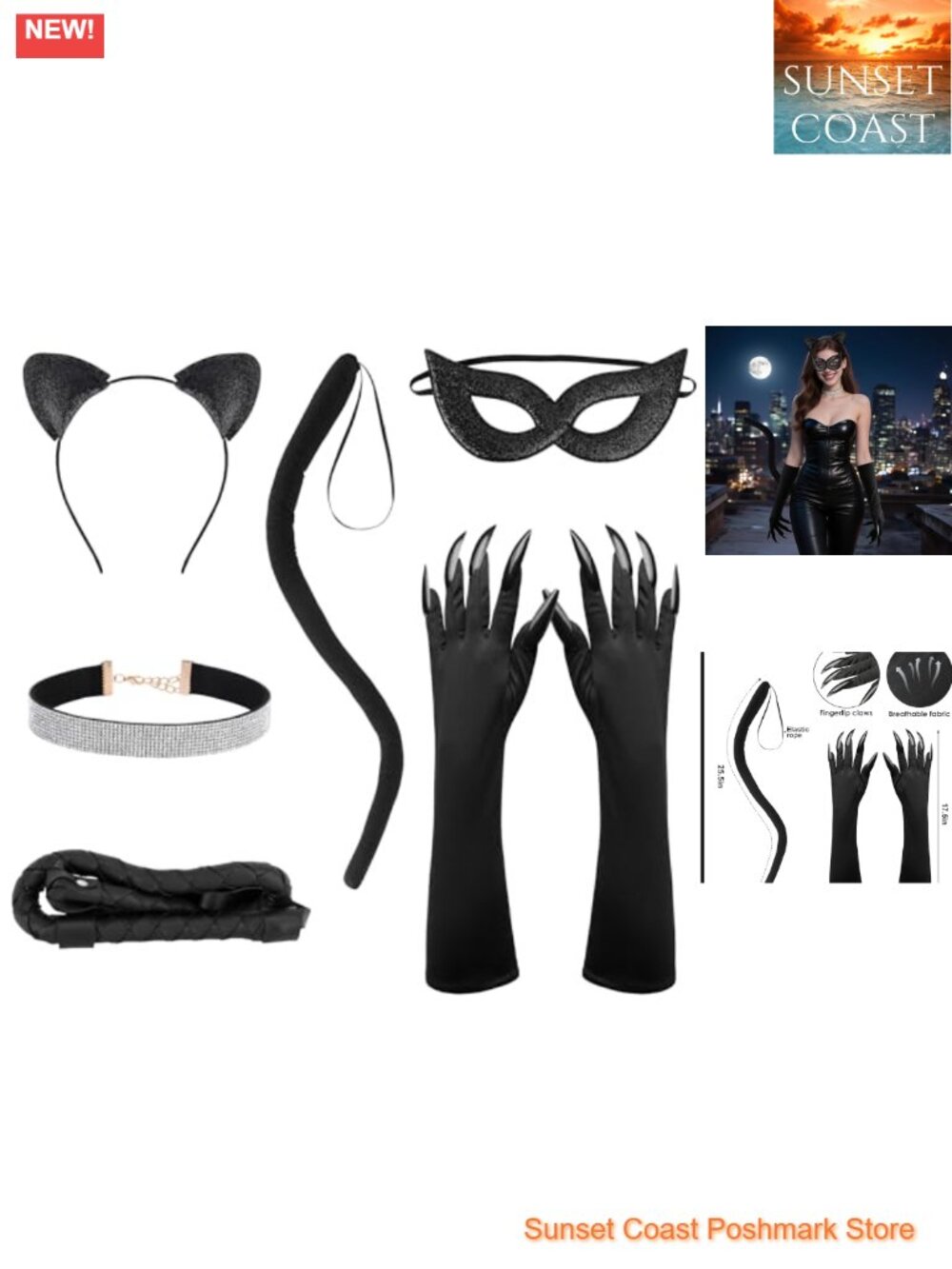 6Pc Cat Costume Accessory Set Mask Ears Tail Gloves Whip Necklace